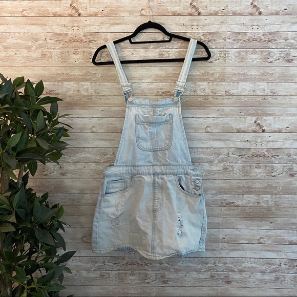 F21 Light Denim Distressed Overall Dress - Picture 2 of 12